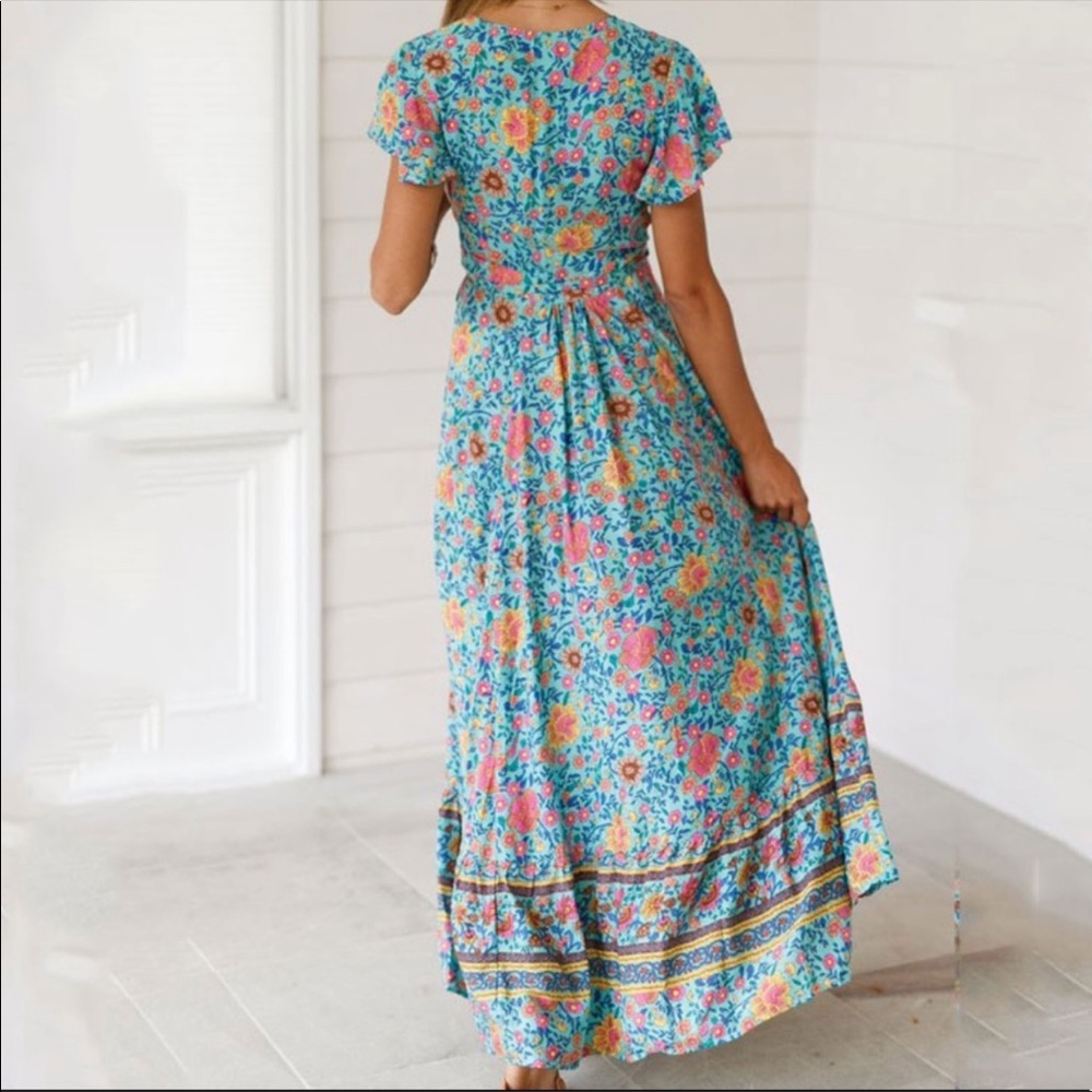 Bohemian Floral Tribal Print Maxi Wrap Dress Blue - Picture 2 of 2